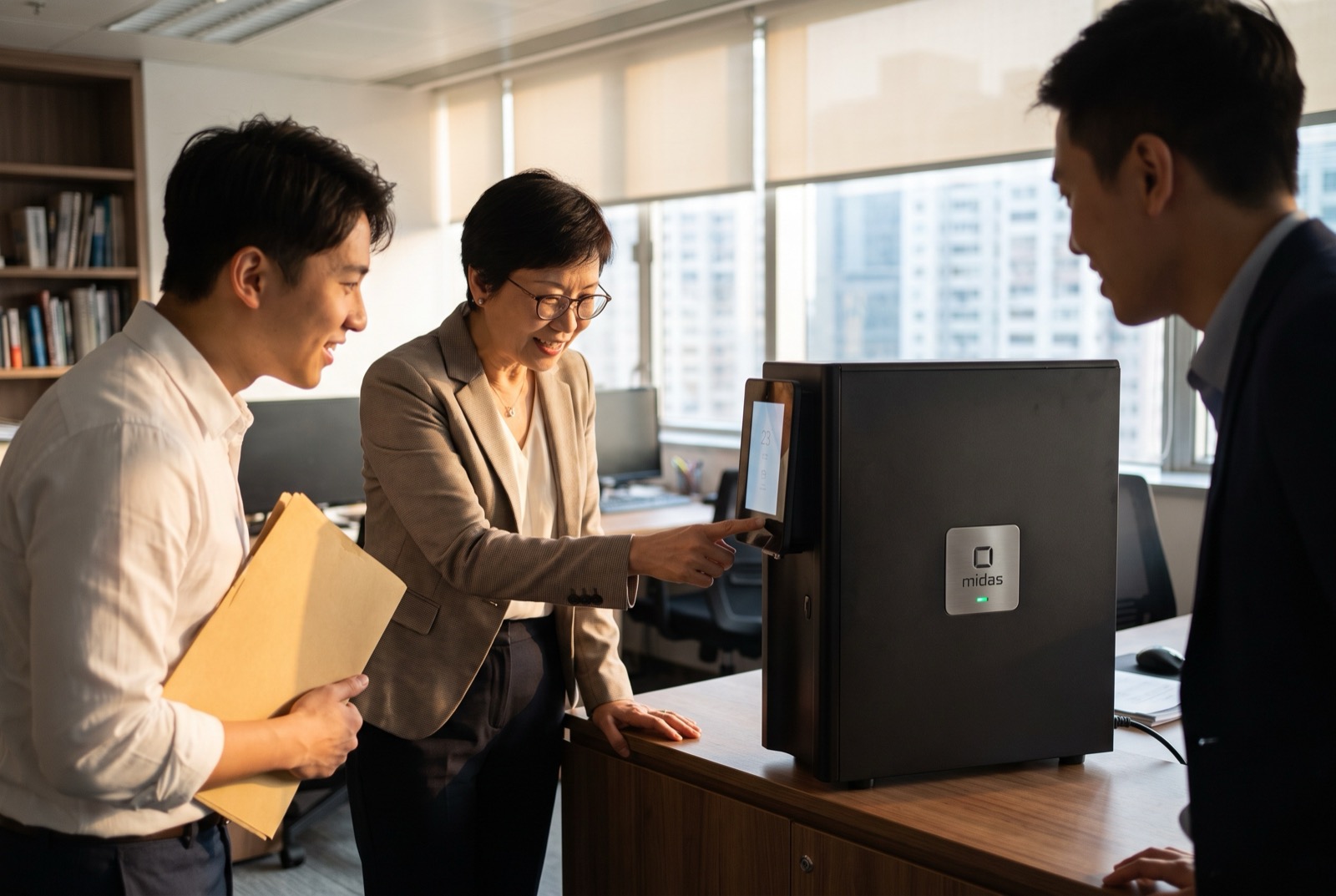 The same matte-black midas appliance at work in an office