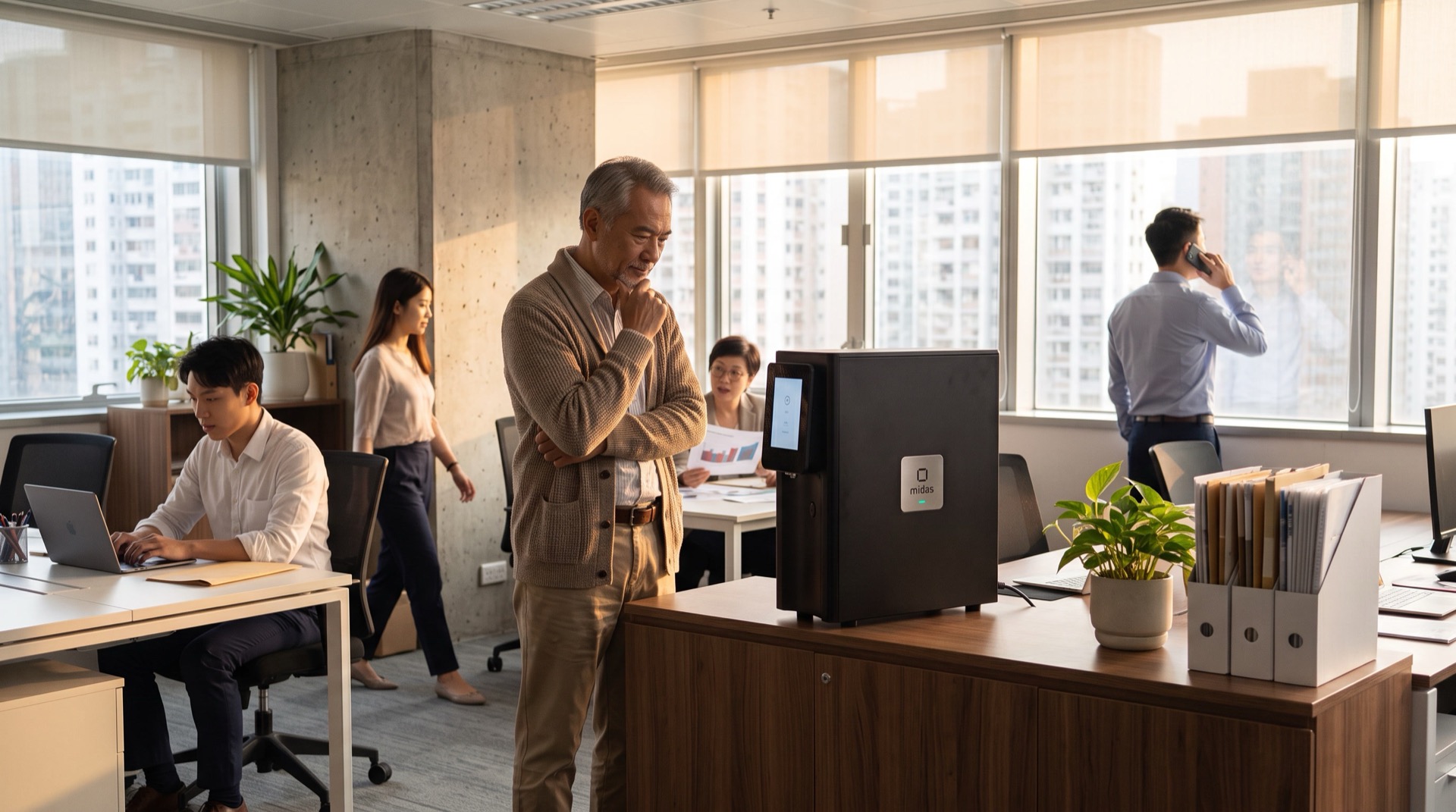 A man standing beside a midas machine on a desk in a Hong Kong office, colleagues working behind him